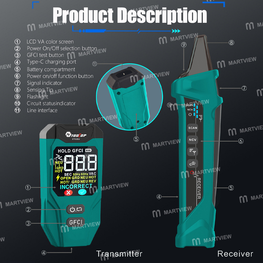 tooltop et32-smart-ai-mode-digital-circuit-breaker-finder-gfci-outlet-tester-with-ncv-function-9