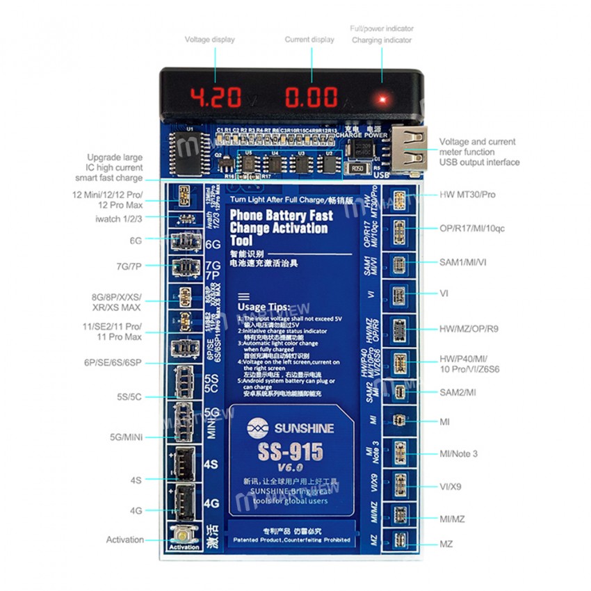 Sunshine SS-915 Upgrade V6.0 Verison Fast Charging Smartphone Battery Activation Board with LED Disp