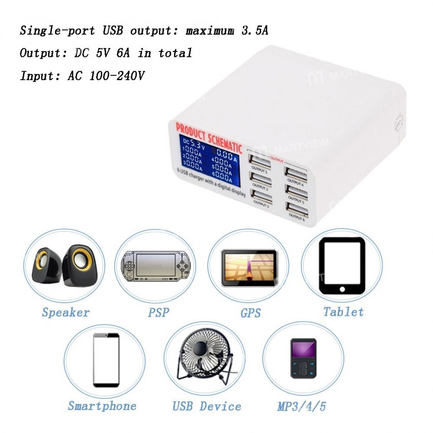 Multi-function 9A 5V 100-240V 6 Port USB Fast Charger Quick Charging Station With LCD Display for iP