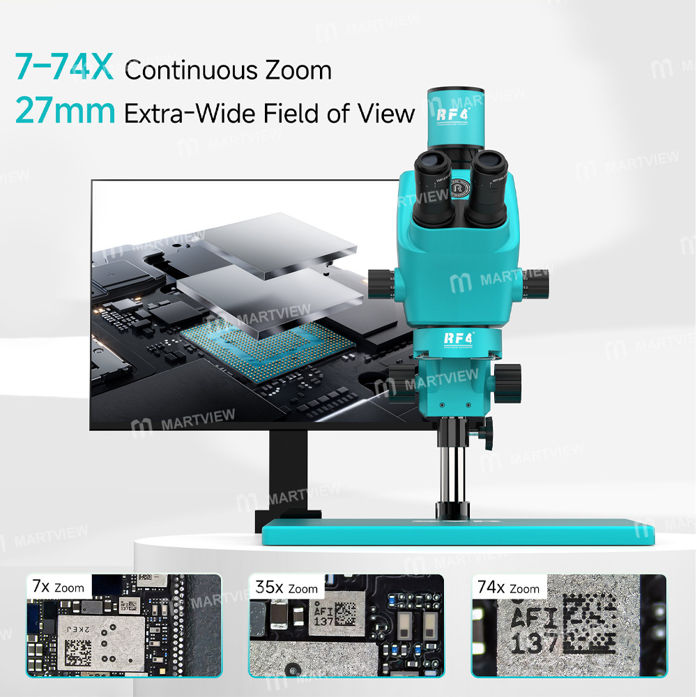 rf4 s9r-a6-7-74x-ultra-wide-field-trinocular-stereo-microscope-with-rf-a6-microscope-focusing-stand-