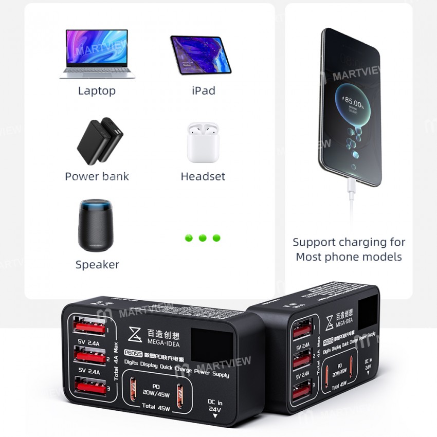 qianli k367h-7-port-extension-hub-with-p605s-60w-5-ports-digits-display-fast-charger-9