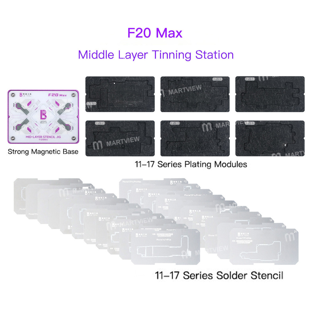 lb tool-f20-max-motherboard-middle-layer-bga-reballing-stencil-tin-plating-platform-for-iphone-11-17
