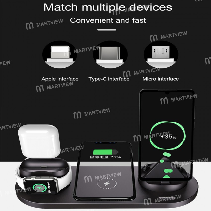 6-in-1 10W Qi Fast Wireless Charger Stand for Apple Watch/iPhone/Airpods Pro/Samsung/Xiaomi