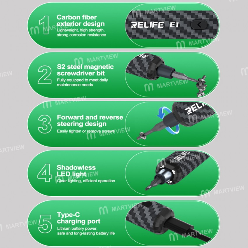 relife e1-powerful-carbon-fiber-electric-screwdriver-set-with-12pcs-s2-steel-bits-7