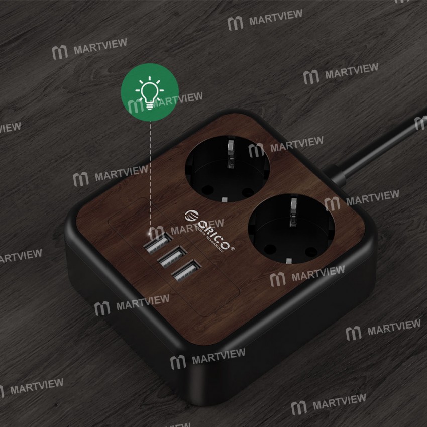 Orico Portable Home Wood Grain Double Sockets Power Strip with 3 USB Ports - EU Plug
