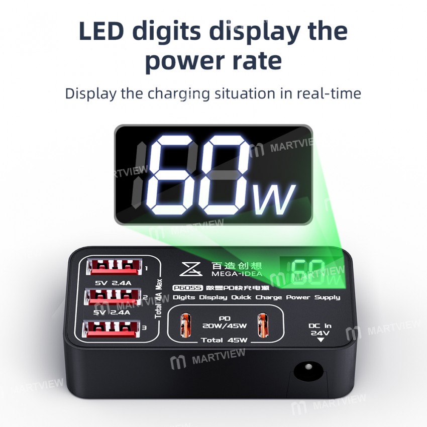 qianli k367h-7-port-extension-hub-with-p605s-60w-5-ports-digits-display-fast-charger-10