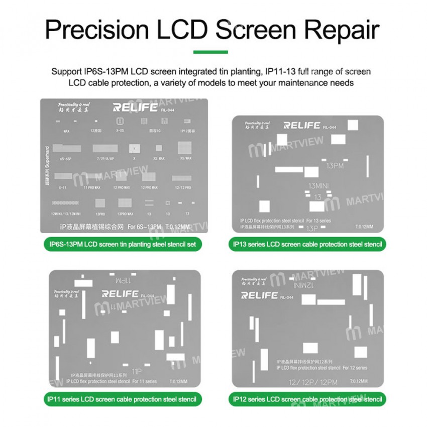 Relife RL-044 4-in-1 IP LCD Screen IC Tin Planting & Flex Cable Protection Repair Steel Stencil Set
