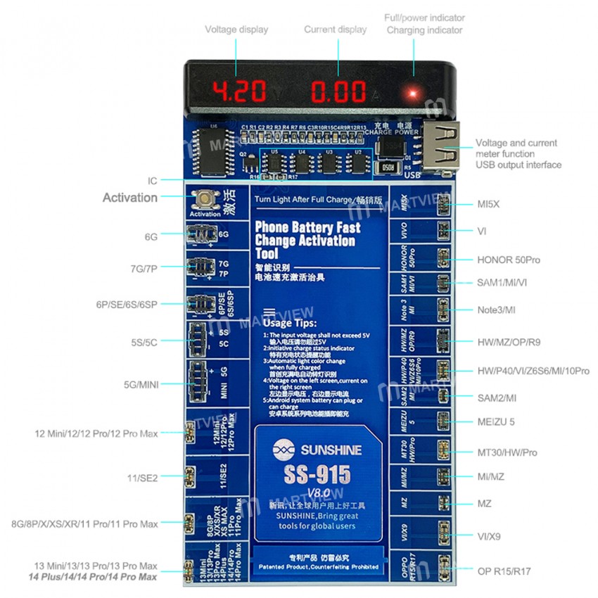 sunshine ss-915-v80-battery-activation-board-for-iphone-14pro-max-samsung-huawei-xiaomi-8