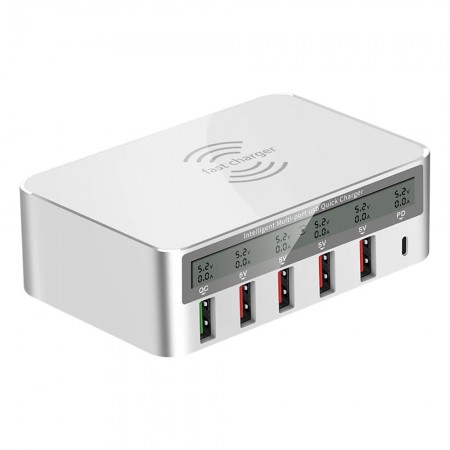 WLX-818F Multiport LCD Display USB Charging Station with Wireless Charging