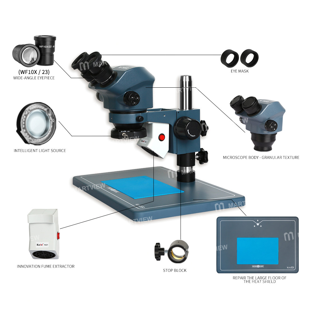 kaisi 7050pro-7-50x-synchronous-zoom-binocular-stereo-microscope-with-big-base-fume-extractor-4