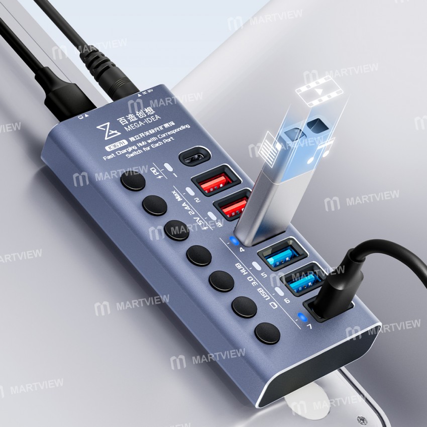 qianli k367h-7-port-extension-hub-with-p605s-60w-5-ports-digits-display-fast-charger-2
