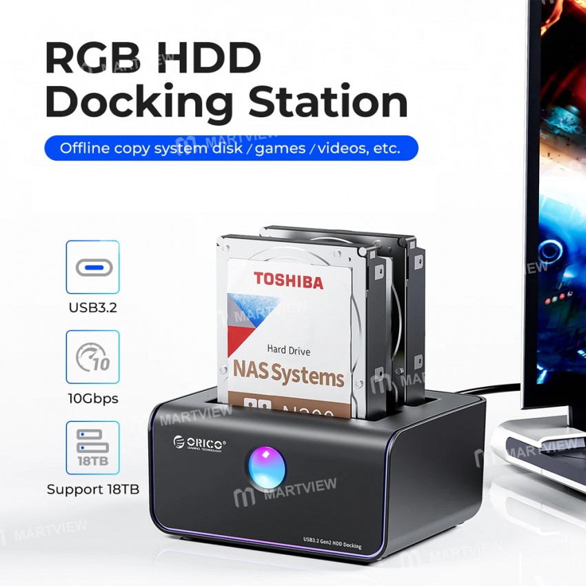 orico 8828-series-rgb-light-2-bay-type-c-10gbps-hard-disk-docking-station-with-offline-clone-1