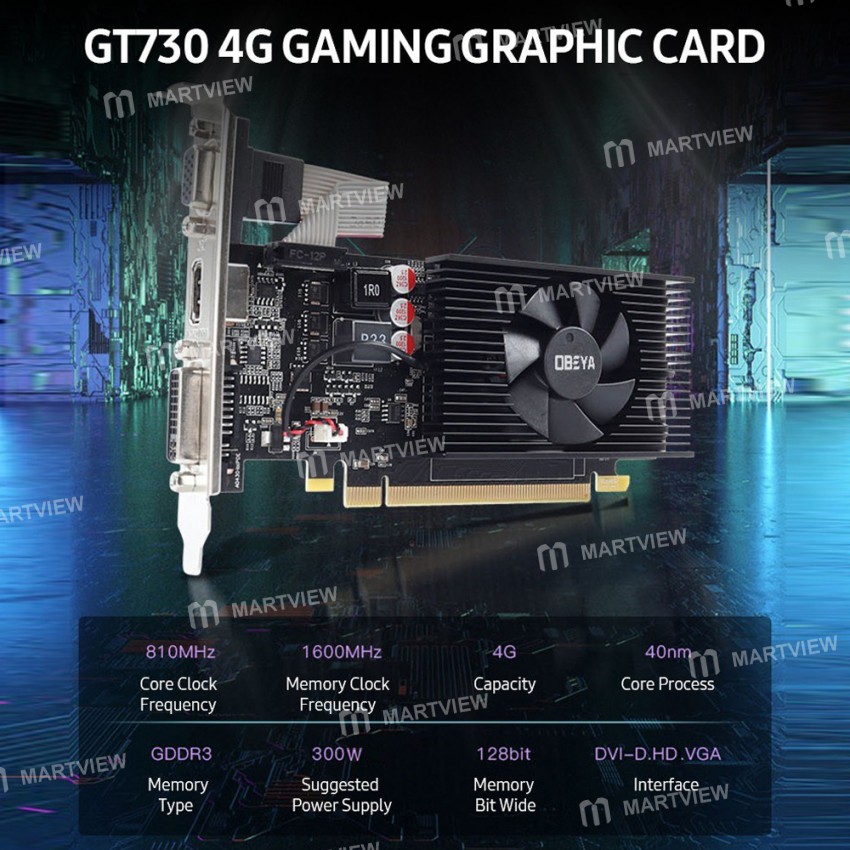 Obeya GT730 4G Gaming Graphic Card 4G / 128bit / GDDR3 Memory with DVI-D+HD+VGA Output Ports