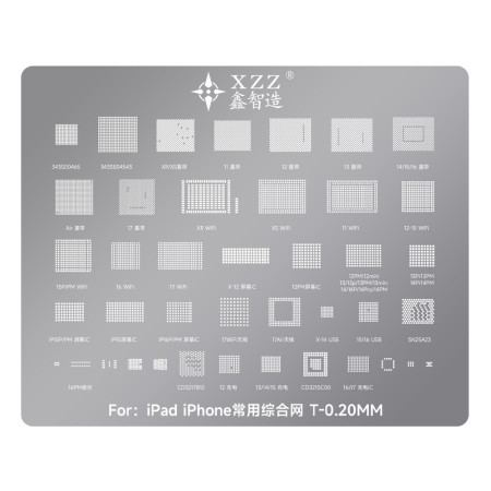 XZZ 0.20mm Wi-Fi / Baseband / Display IC / Charging IC / Antenna Integrated BGA Reballing Stencil for iPad / iPhone