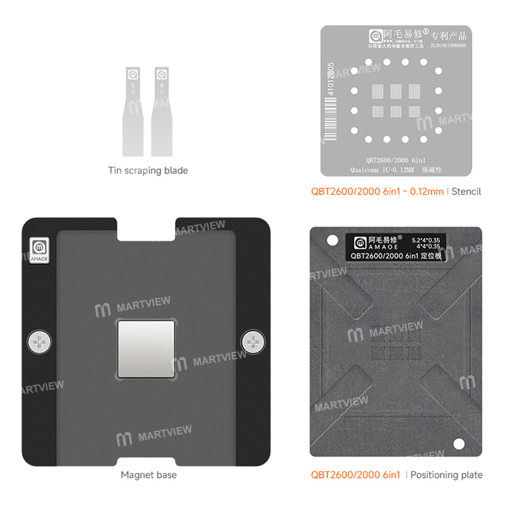 amaoe 012mm-qbt2600-qbt2000-6-in-1-ultrasonic-fingerprint-ic-chip-bga-reballing-stencil-platform-set