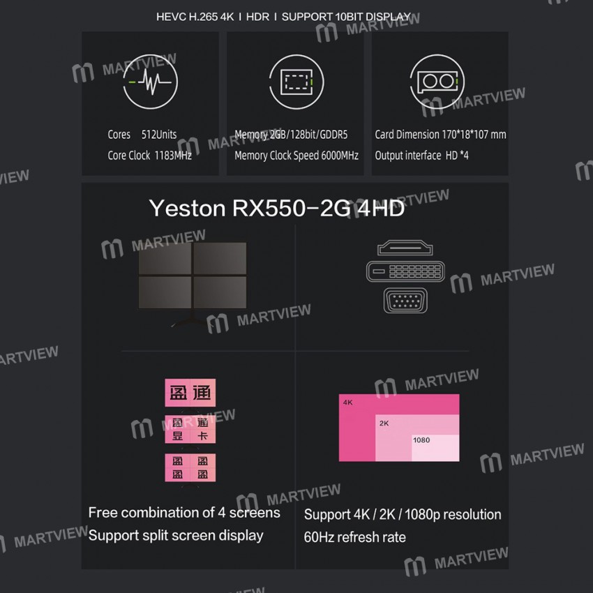 Yeston RX550 2G / 128bit / GDDR5 Multi-screen Graphics Card Support Split Screen with 4 HD Output Po