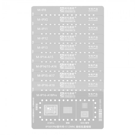 Amaoe Mbga-IP CPU / Hard Disk / WiFi / Baseband BGA Reballing Stencil for iPhone 8-16PM - Carve Through Edition