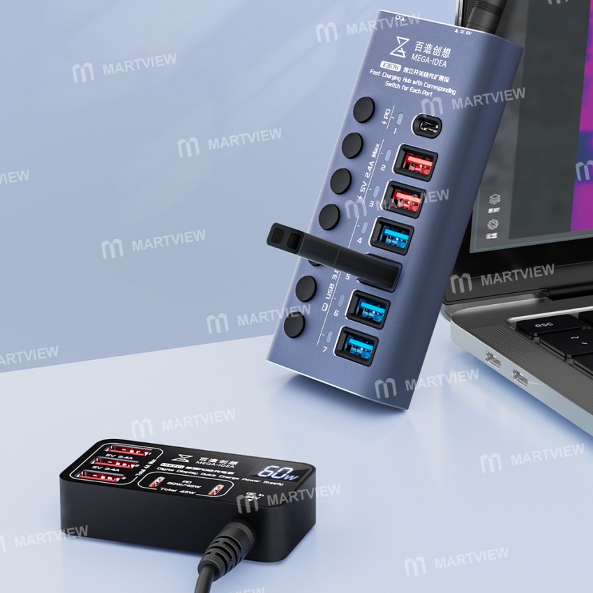 qianli k367h-7-port-extension-hub-with-p605s-60w-5-ports-digits-display-fast-charger-16
