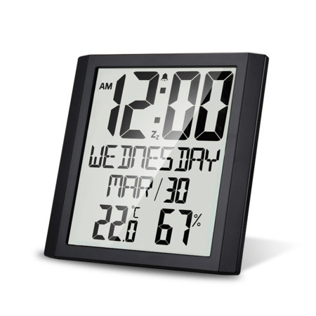 Digital Wall Clock with Temperature and Humidity 8.6-inch Large Display Time / Date / Day Alarm and Snooze Function Optional Indoor Thermo-Hygrometer Accurate Weather Monitor for Home Office (Black)