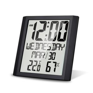 Digital Wall Clock with Temperature and Humidity 8.6-inch Large Display Time / Date / Day Alarm and Snooze Function Optional Indoor Thermo-Hygrometer Accurate Weather Monitor for Home Office (Black)
