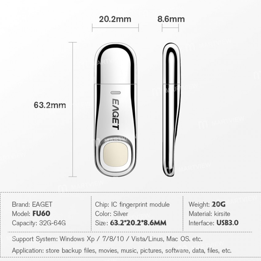 Eaget FU60 Fingerprint Encrypted Pen-type USB3.0 Flash Drive