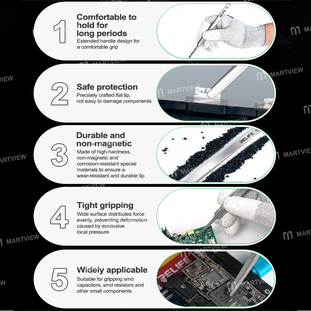 relife t2-extended-anti-magnetic-flat-round-tip-tweezers-for-smd-electronics-component-handling-6