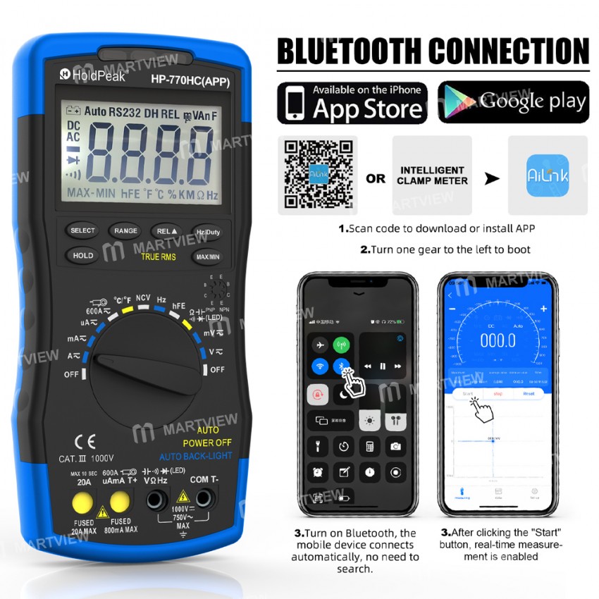 HoldPeak HP-770HC / HP-770HC-APP True RMS Autoranging Digital Multimeter with NCV Data Hold