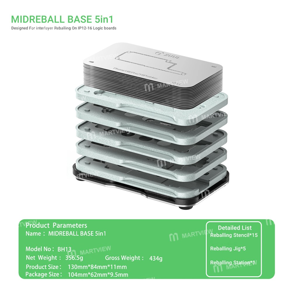 2uul bh13-midreball-base-5in1-logic-boards-bga-reballing-platform-set-for-iphone-12-to-16pm-with-16e