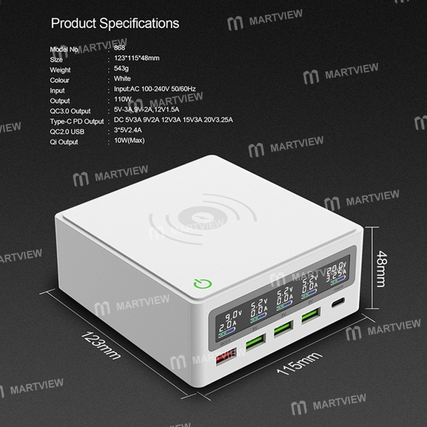 Multi-port QC3.0 USB 110W Type-C PD 65W Wireless Fast Charge Station