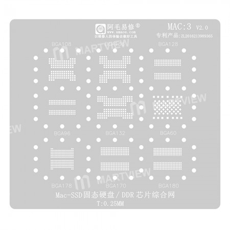 Amaoe 0.15mm MAC:3 SSD DDR NAND BGA108 BGA136 BGA128 BGA96 BGA132 BGA60 Reballing Stencil Net for MacBook