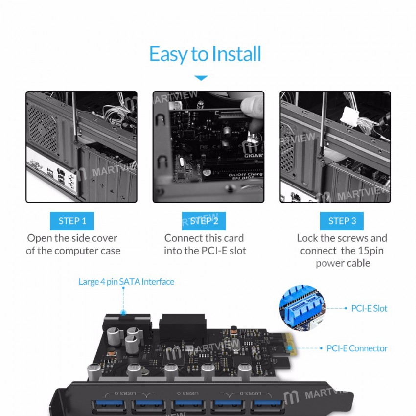 Orico PVU3-5O2I USB3.0 5-Port PCI-E Dual Chip High-Speed Expansion Card with 20 Pin Slot