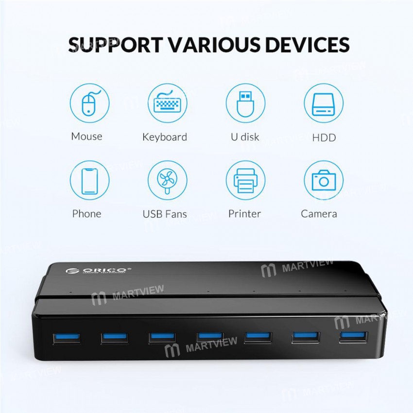 Orico H7928-U3 7-Port Superspeed USB 3.0 HUB with 12V Power Adapter for Desktop Computer Laptop