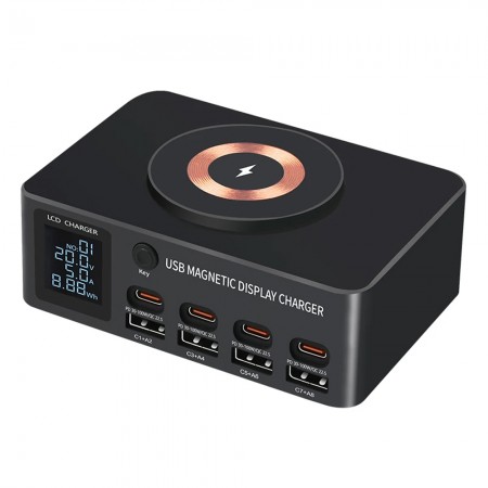 WLX-818DP 140W 8-Port PD+QC3.0 Multi-device Desktop Charger with Wireless Charging