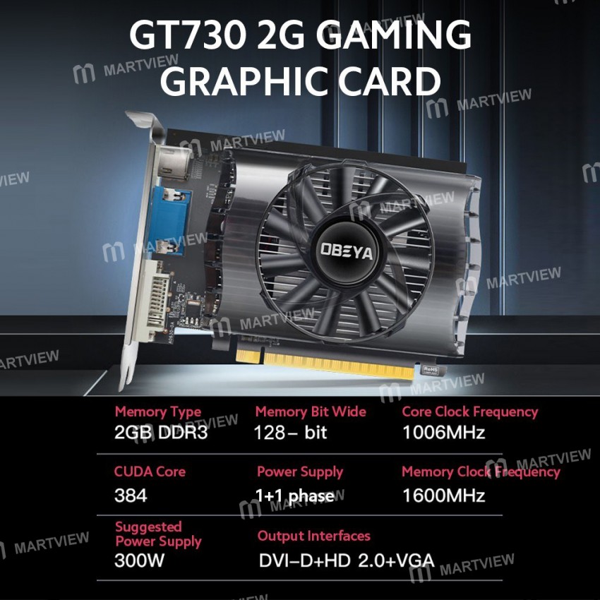 Obeya GT730 2G Gaming Graphic Card 2G / 128bit / DDR3 Memory with DVI-D+HD+VGA Output Ports