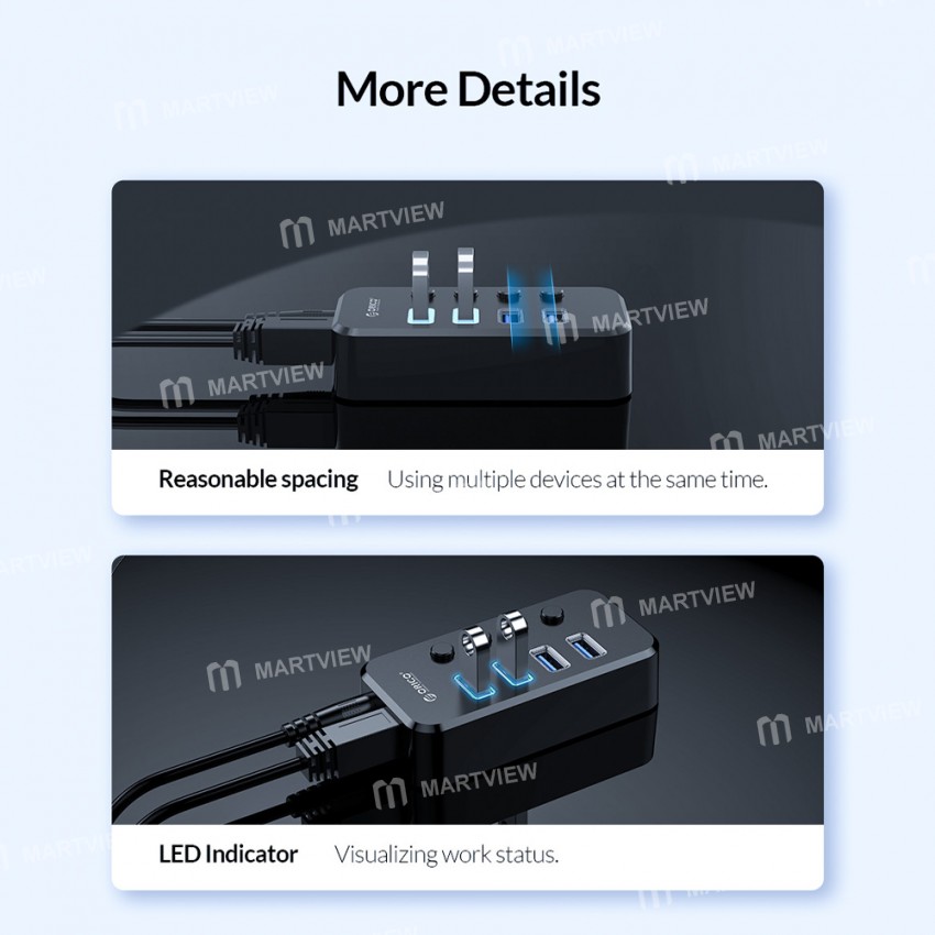 Orico SWU3-4A 4-Port High-speed USB 3.0 Split Control Hub With Power Adapter Support BC1.2 Charging
