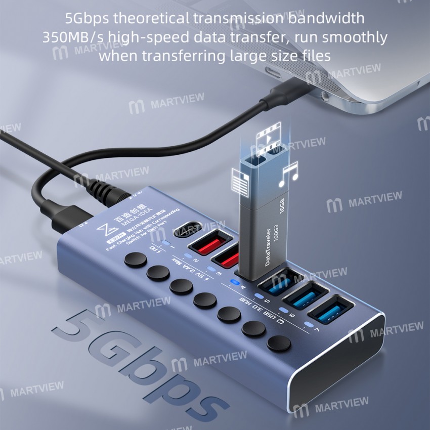 qianli k367h-7-port-extension-hub-with-p605s-60w-5-ports-digits-display-fast-charger-4