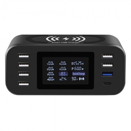 Multi-functional 60W QC 3.0 USB Smart Digital Display Charger Support 10W Wireless Charging