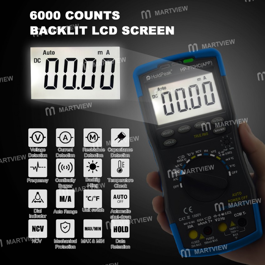 HoldPeak HP-770HC / HP-770HC-APP True RMS Autoranging Digital Multimeter with NCV Data Hold