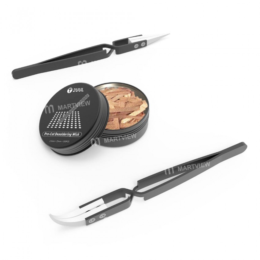 2UUL Pre-cut Desoldering Wicks 2mm*25mm*100pcs with 2pcs Reversed Ceramic Tweezers Kit Set