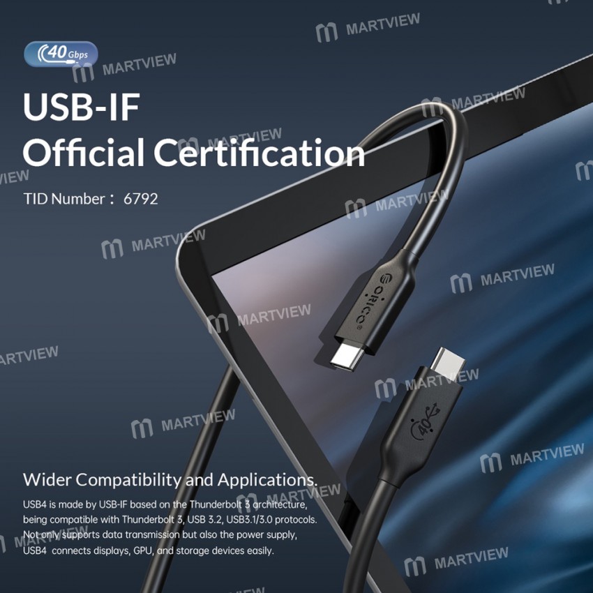 Orico U4C Series PD100W 40Gbps USB4.0 Type-C Fast Charge Cable Compatible with Thunderbolt 3