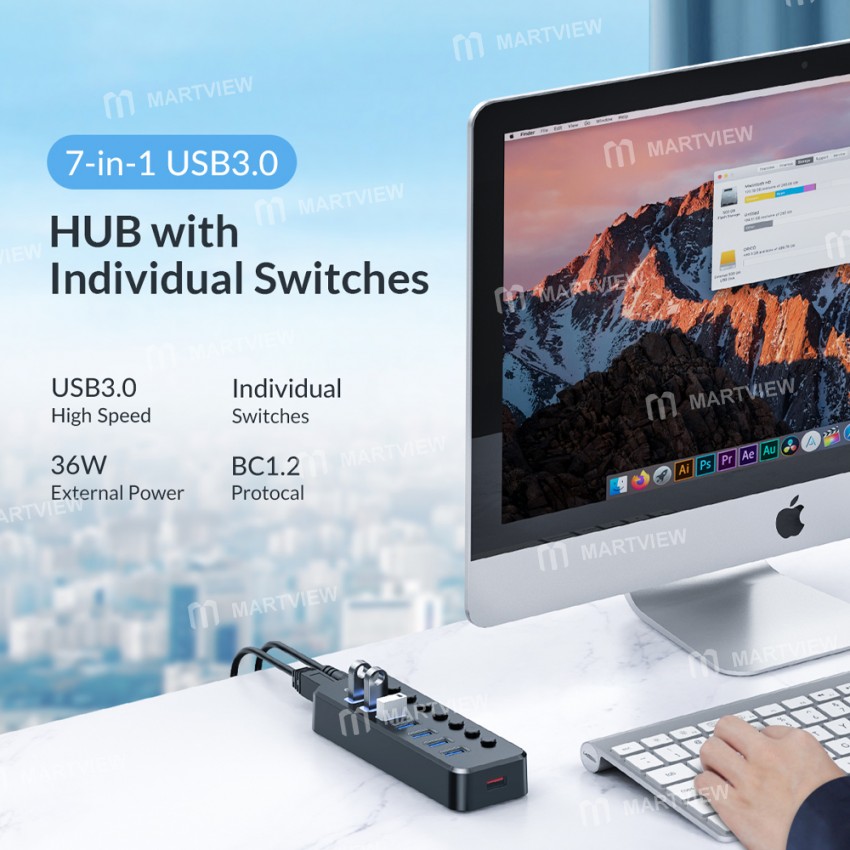 Orico SWU3-7A 7-Port High-speed USB 3.0 Split Control Hub With Power Adapter Support BC1.2 Charging
