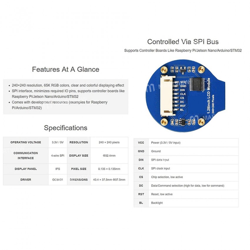 1.28-inch 65K Color Round Display LCD Screen Expansion Module Support Raspberry Pi