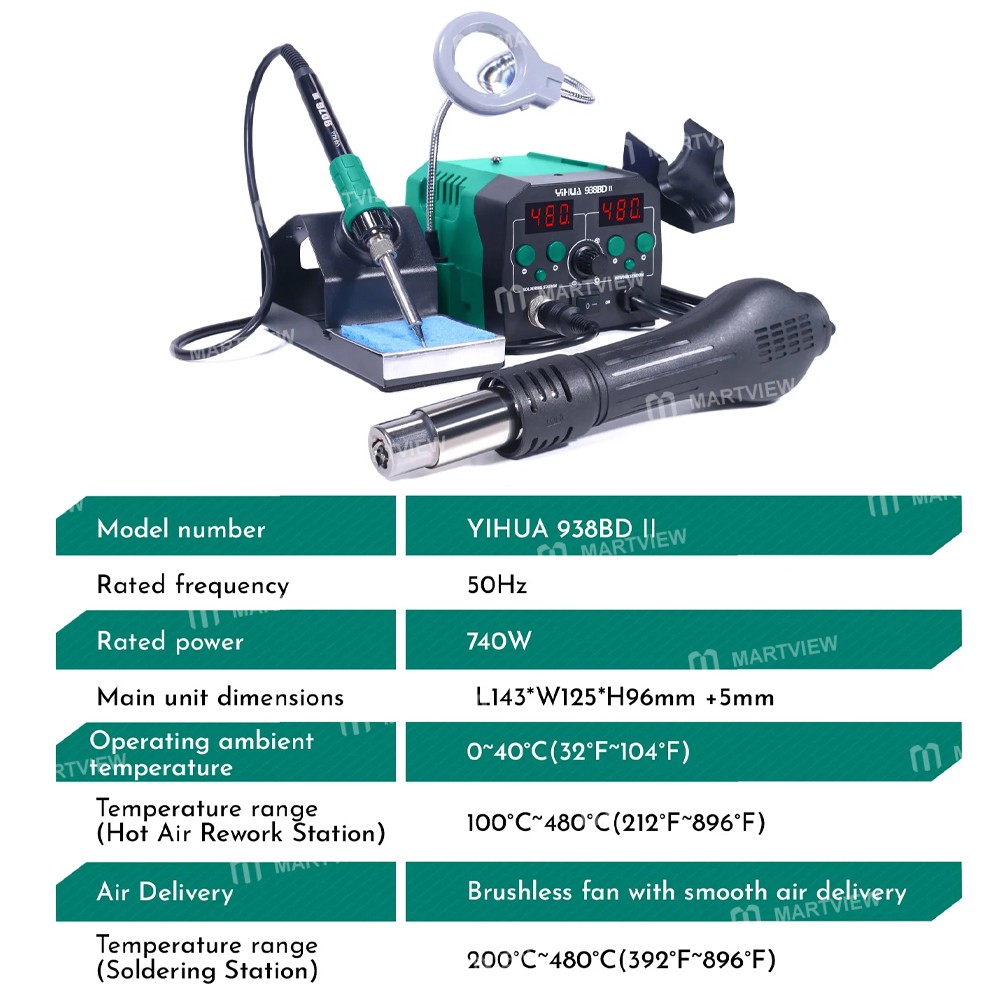 thumbnail image 2 of WEP 938BD-II Soldering & Hot Air Rework Station – ESD-Safe With LED Lamp, Tweezers, Stand – 220V? (Check Voltage) 2 of 5