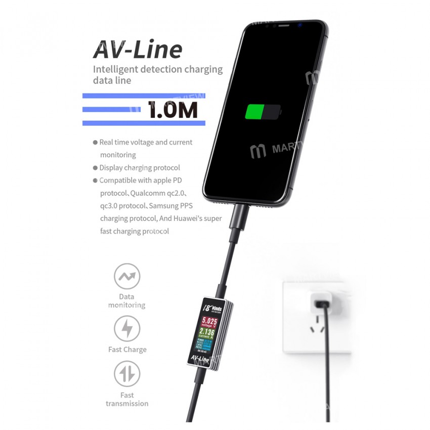 AV-Line USB Intelligent Detection Charging Cable for iPhone Samsung Huawei Real-Time Voltage and Cur