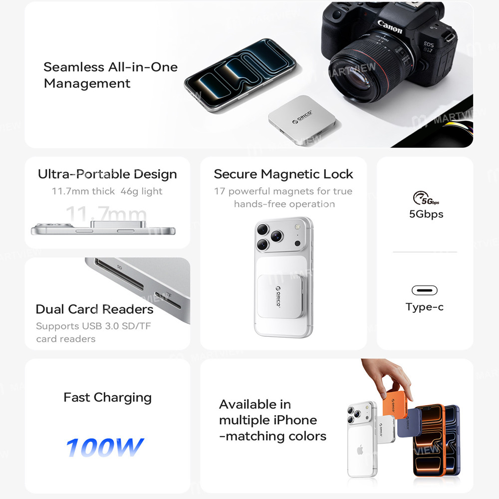 orico air5-air5c-usb-c-to-sd-tf-slot-pd100w-ultra-thin-magnetic-card-reader-for-iphone-android-table