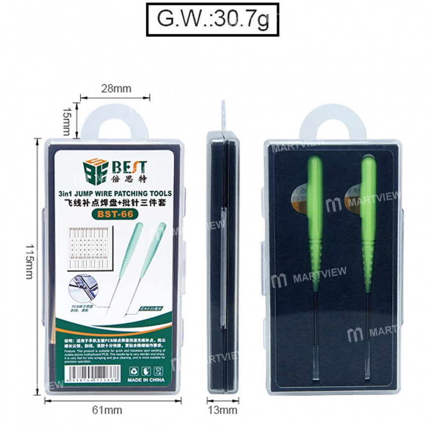 BST-66 3-in-1 Jump Wire Soldering Patching Tools with 2pcs Stainless Remove Glue Scraper Needles