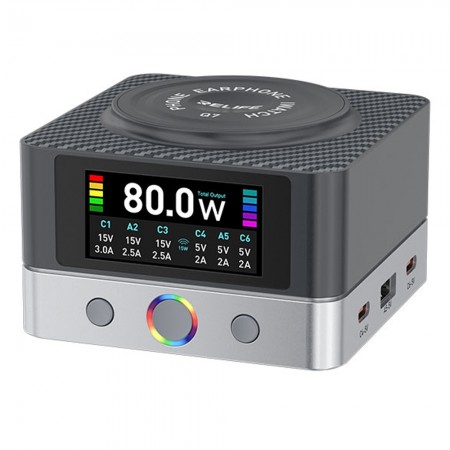 Relife Q7 80W 6-Port Large-size HD Color Screen Intelligent Charger with 15W Wireless Charging