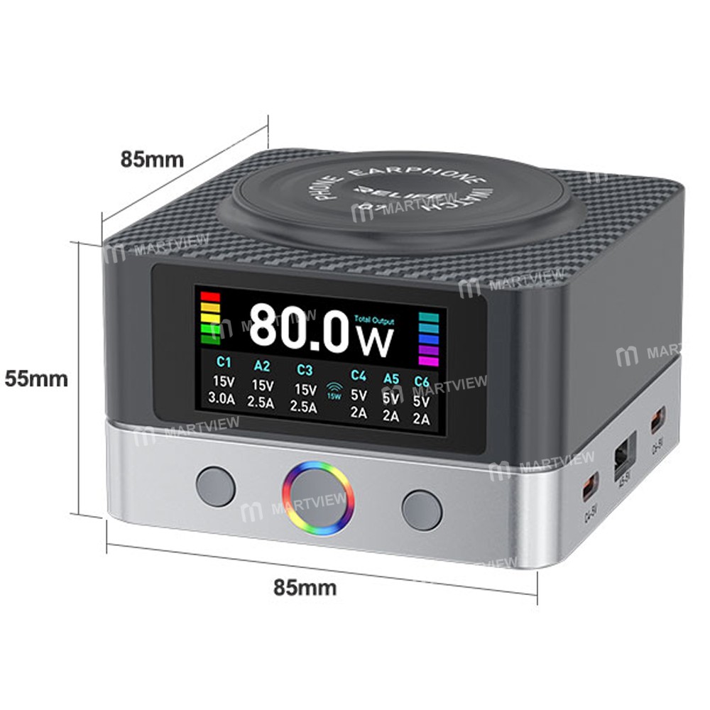 relife q7-80w-6-port-large-size-hd-color-screen-intelligent-charger-with-15w-wireless-charging-2
