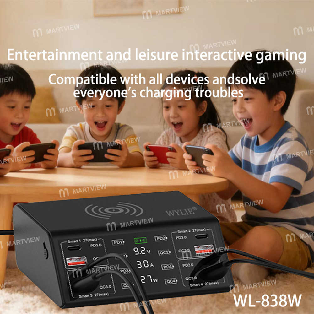 wylie wl-838w-100w-smart-multi-port-fast-charger-supports-qc-pd-fast-charging-15w-wireless-charging-