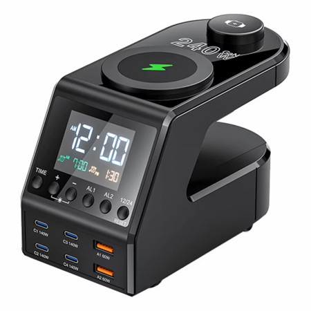 240W 6-Port PD+QC Desktop Fast Charging Station with Clock Display and Wireless Charging